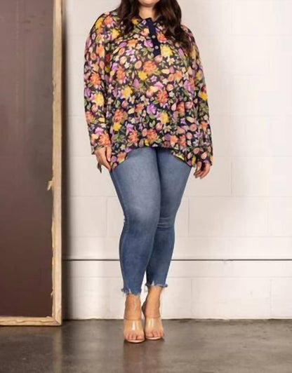 Mandarin Collar Floral Print Plus Size Top
