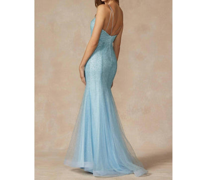 Glitter Mesh Fitted Evening Prom Gown