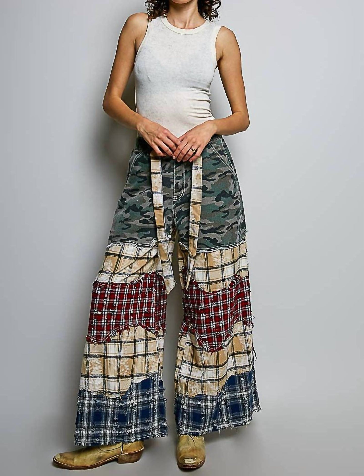 Asymmetrical Patchwork Buckle Back Detail Woven Pants