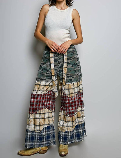 Asymmetrical Patchwork Buckle Back Detail Woven Pants
