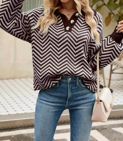 Doublju - V Patterned Button V Neck Jumper - Rack Hunt