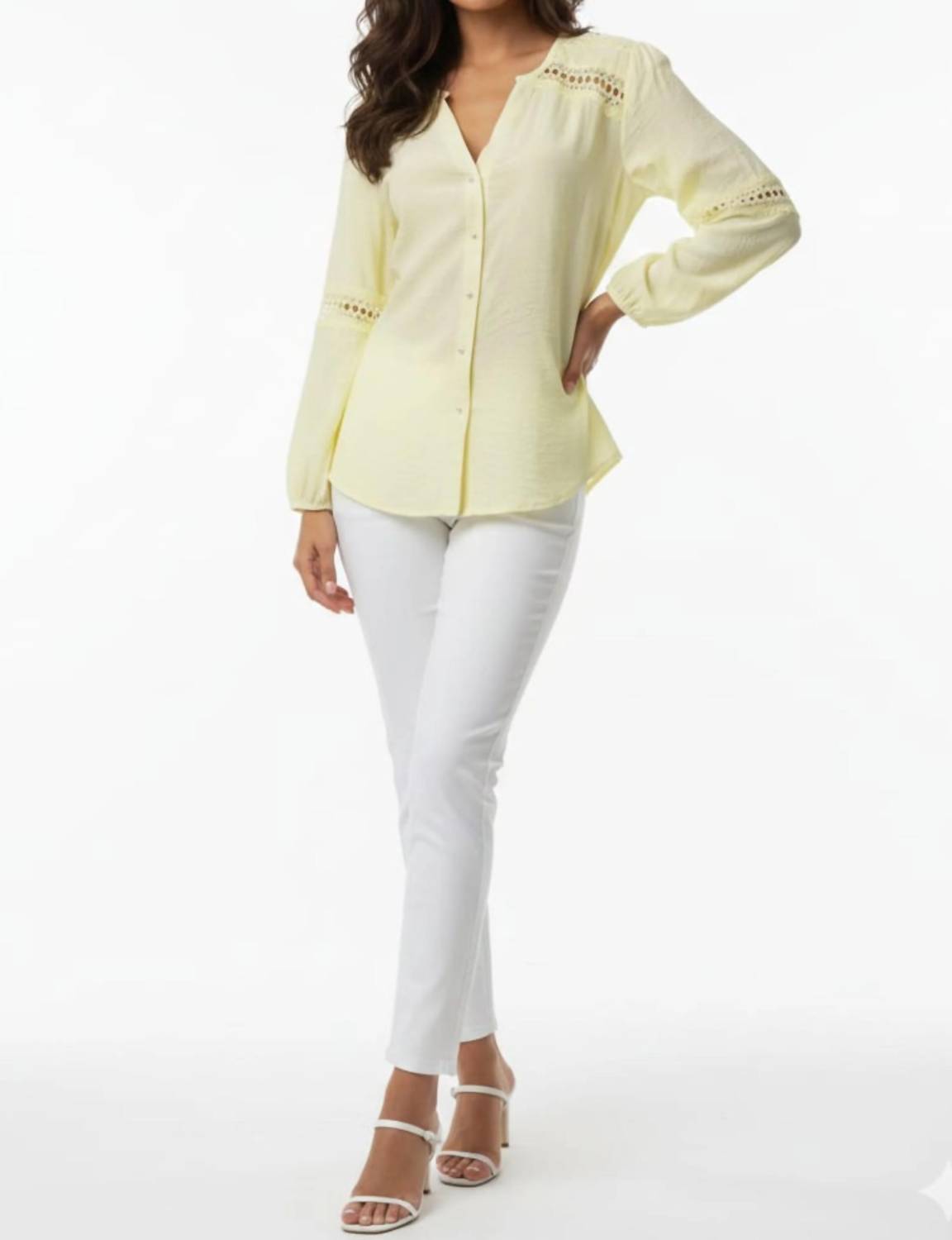 Lace-trim Split Neck Button-down Blouse