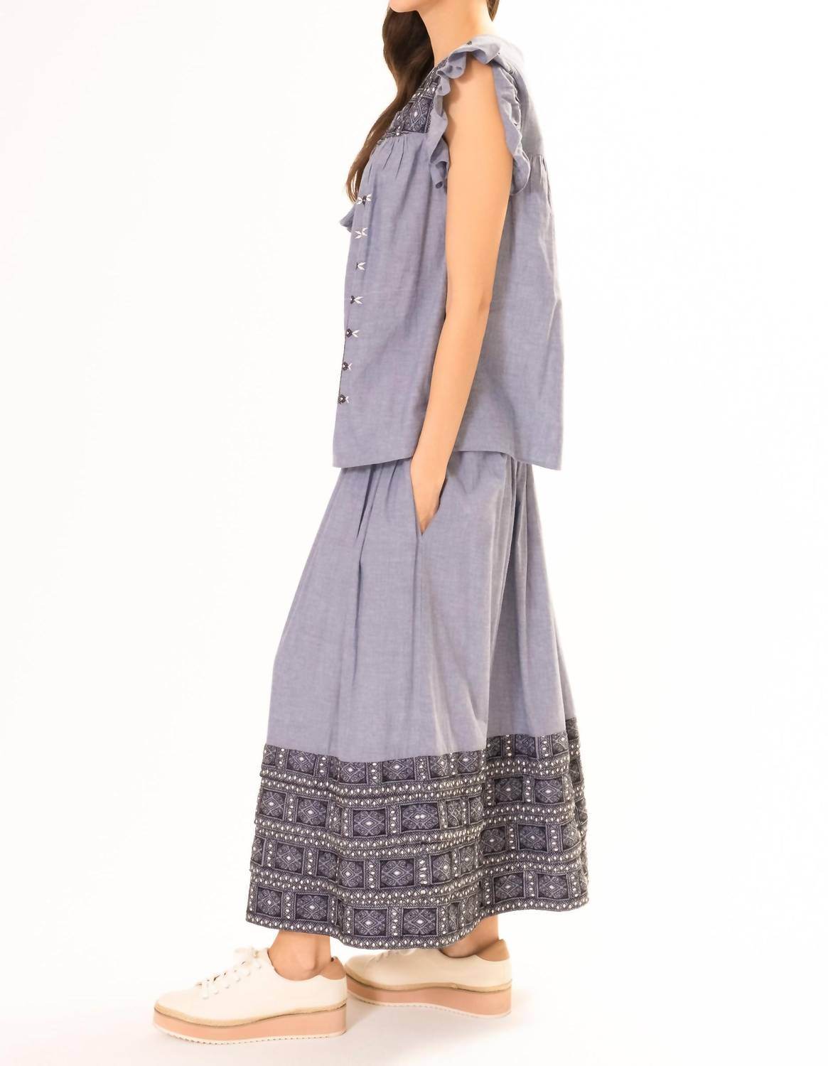 Area Stars - CHAMBRAY EMBROIDERED RUFFLE TOP - Rack Hunt