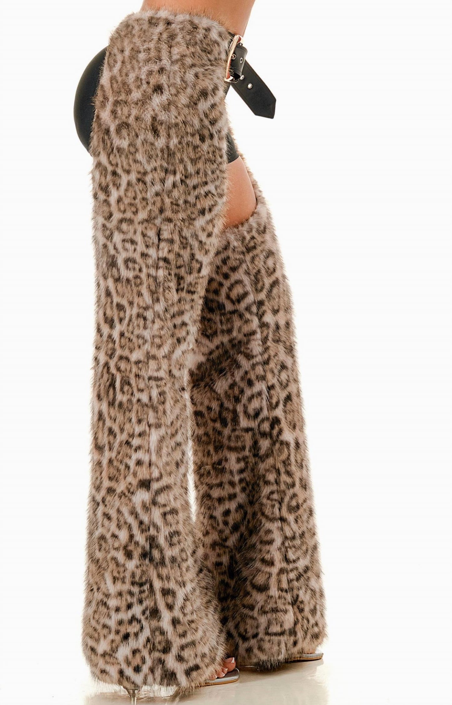 Faux Fur Leopard Print Chaps Pants - Plus