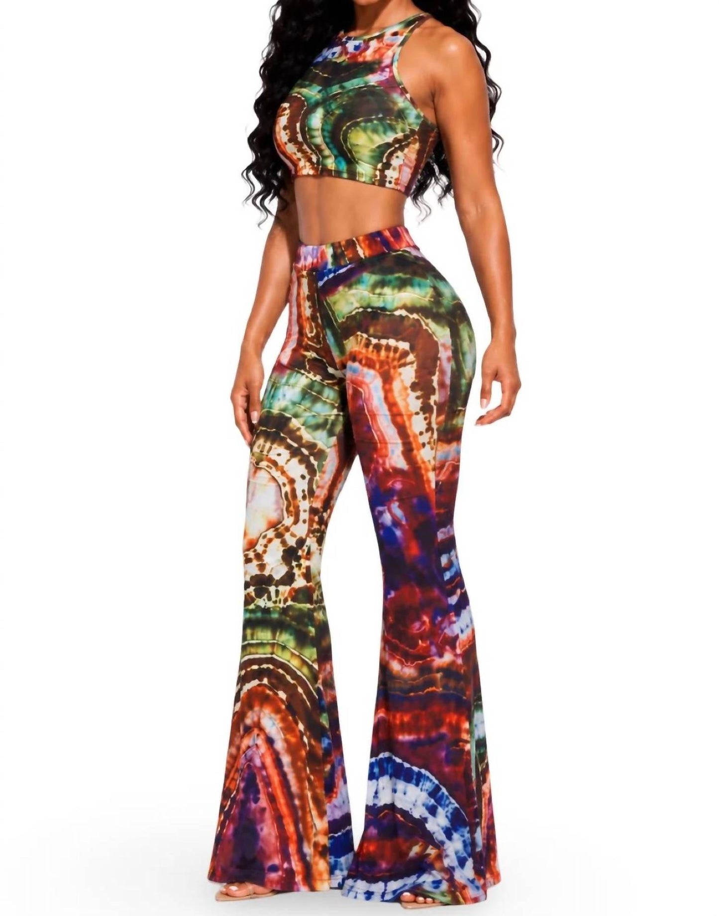 Italy Stretch Print Wide Leg Pants Set