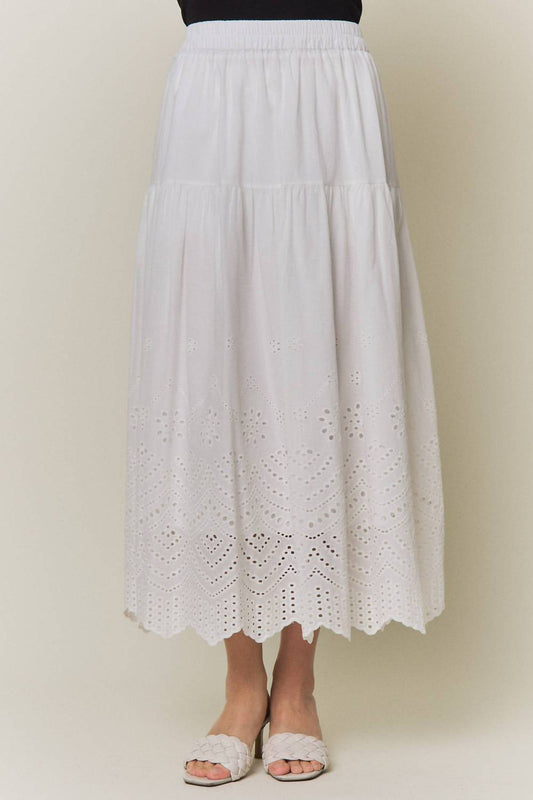 Tiered Eyelet Scalloped Midi Skirt