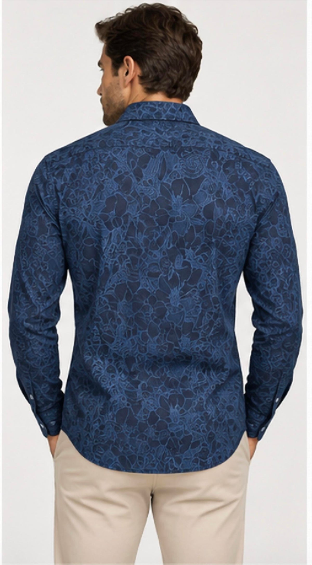 Tonal Floral Print Denim Long Sleeve Shirt