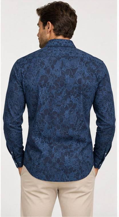 Tonal Floral Print Denim Long Sleeve Shirt