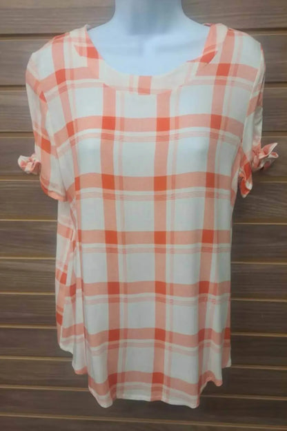 Moci - Women's Tied Short Sleeve Plaid Linen Blouse - Rack Hunt