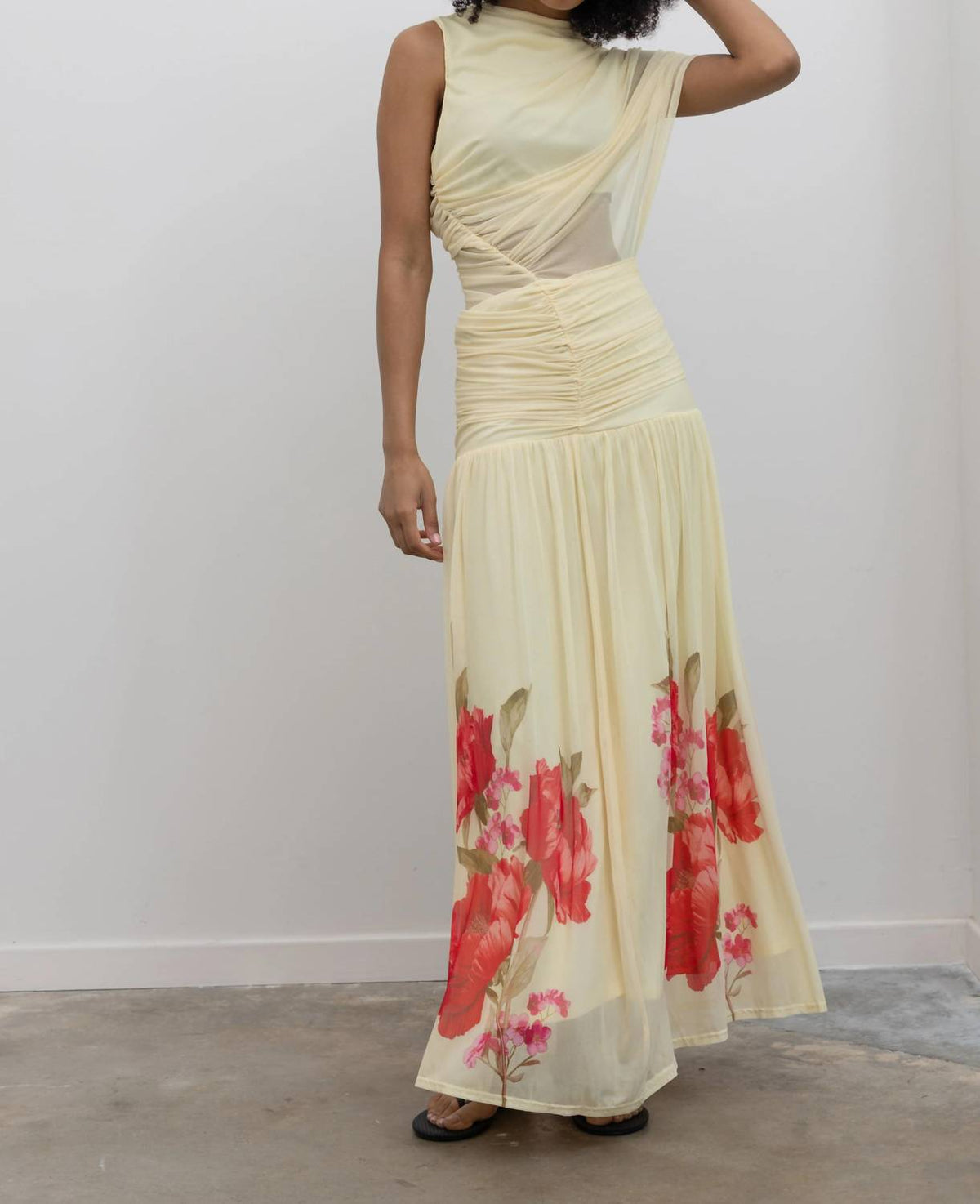 Lemon Floral Hem Draped Maxi Dress