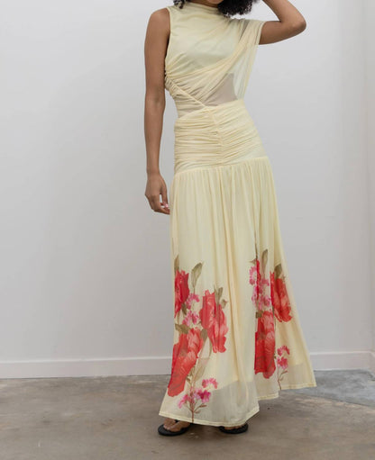 Lemon Floral Hem Draped Maxi Dress