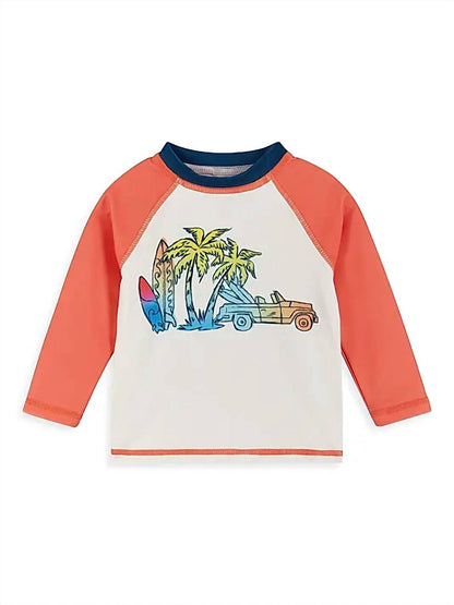 Boy's Surf Print Rashguard And Swim Trunks Set
