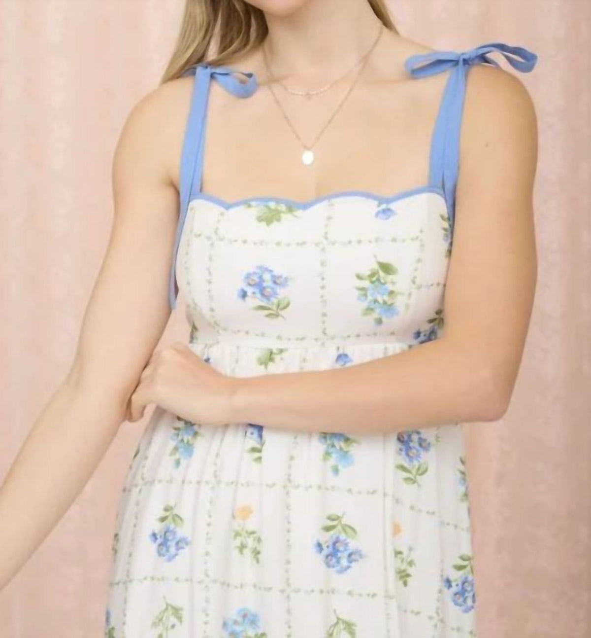 Floral Tile Pattern Scalloped Tie Strap Midi Dress