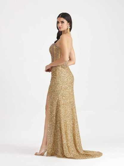 Belle Couture - Sequin Sweetheart Neck Gown With High Slit - Rack Hunt