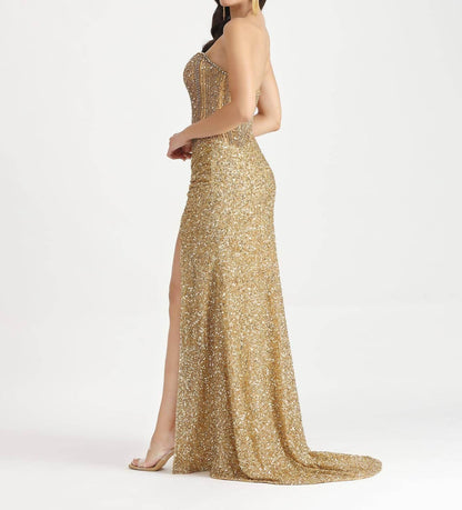 Belle Couture - Sequin Sweetheart Neck Gown With High Slit - Rack Hunt