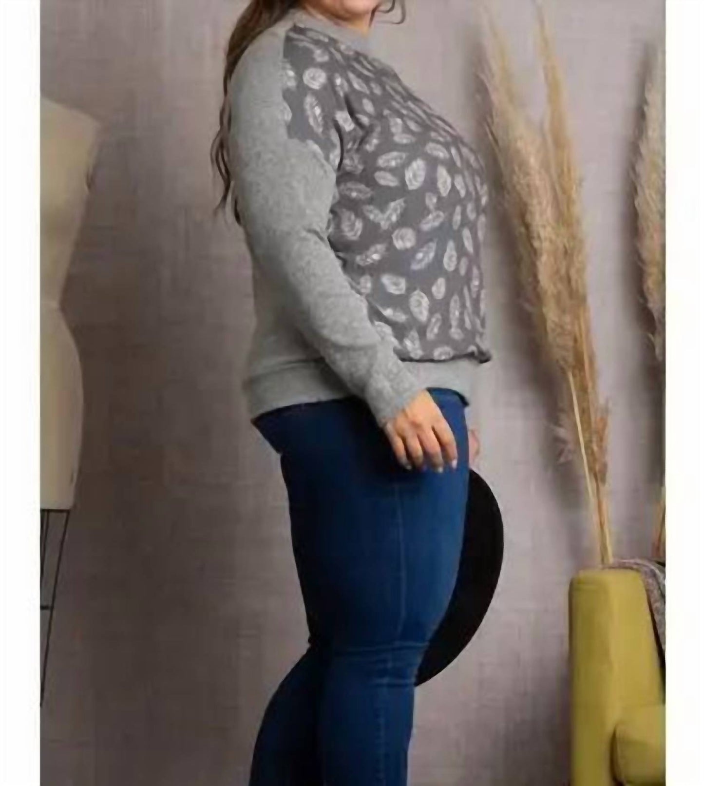 Leaves Print Rib Contrast Plus Size Top