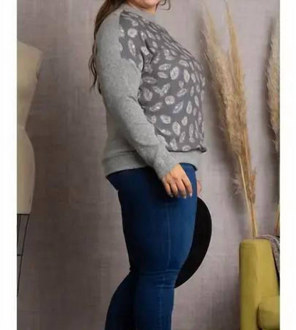 Leaves Print Rib Contrast Plus Size Top