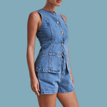 Soleil Buttoned Denim Vest And Shorts Set