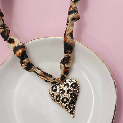 Wall to Wall - Leopard Knotted Scarf Layering Necklace with Leopard Heart Charm - Rack Hunt