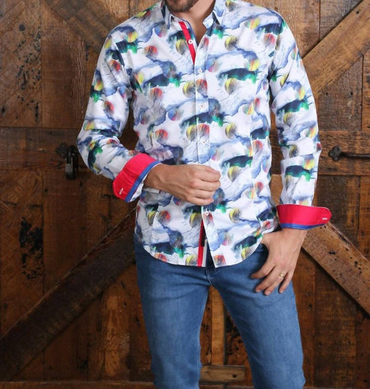 Colorful Globes Button Down Shirt With Red Trim