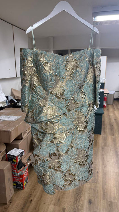 Women's 3/4 Sleeve Brocade Ruffle Midi Dress