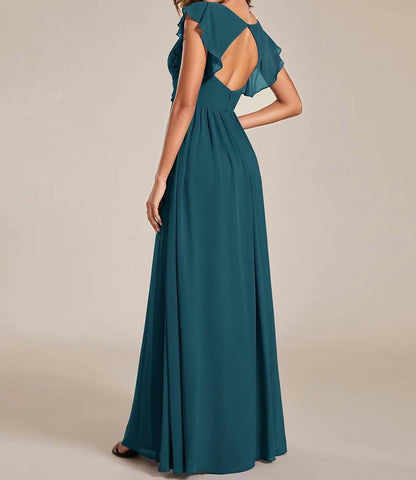 Back Cutout A-line Pleated Ruffles Sleeve Chiffon Bridesmaid Dress