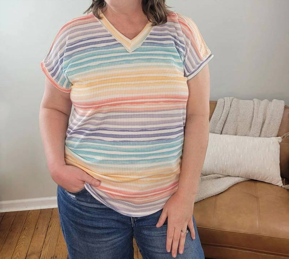 Hilary Striped V-neck Top - Plus