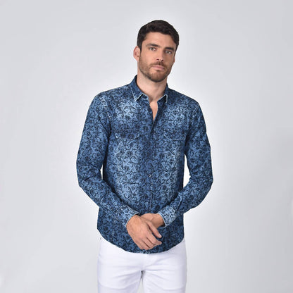 Denim Button Down Shirt With Baroque Print Flocking