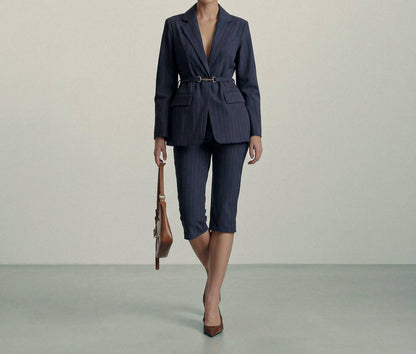 Pinstripe Belted Blazer