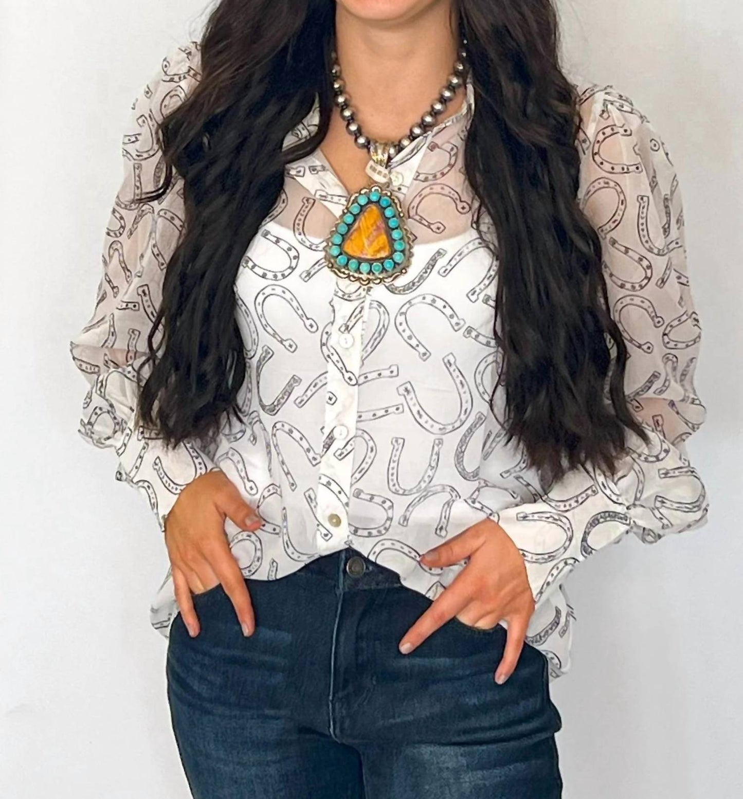 Sheer Chiffon Horseshoe Print Western Blouse