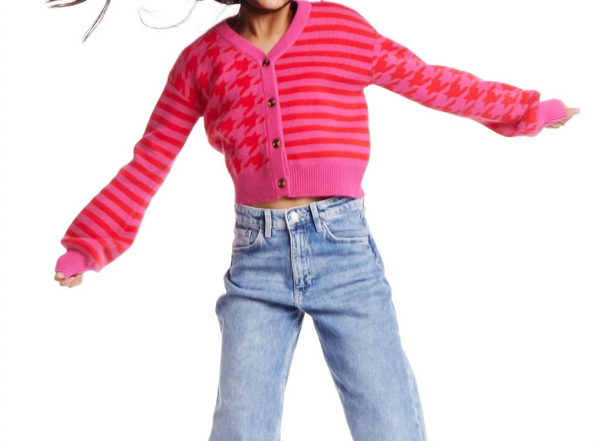 Girl's Houndstooth N' Striped Cropped Cardigan