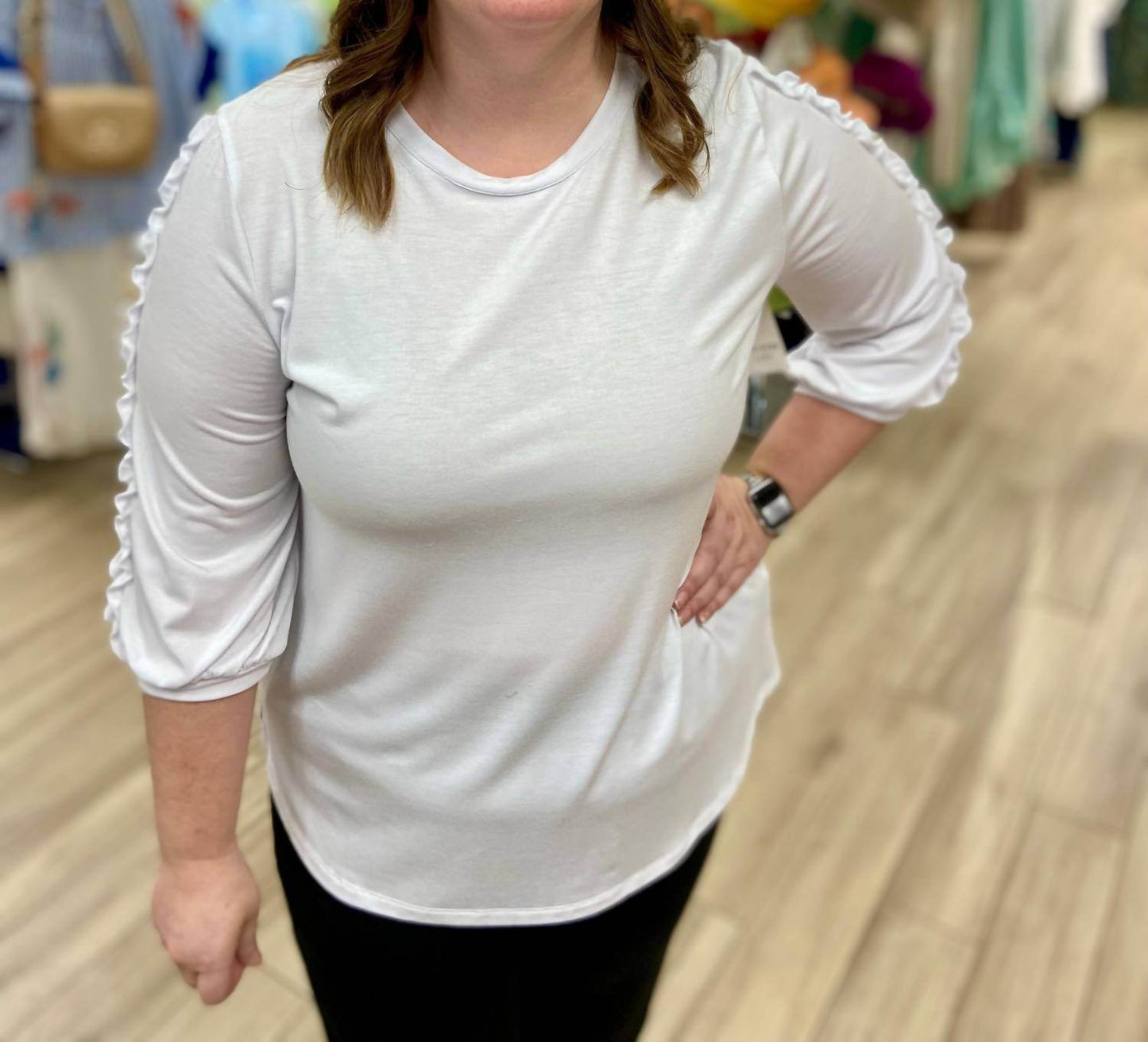 Southern Lady - Ruffle Arm Round Neck Top - Rack Hunt