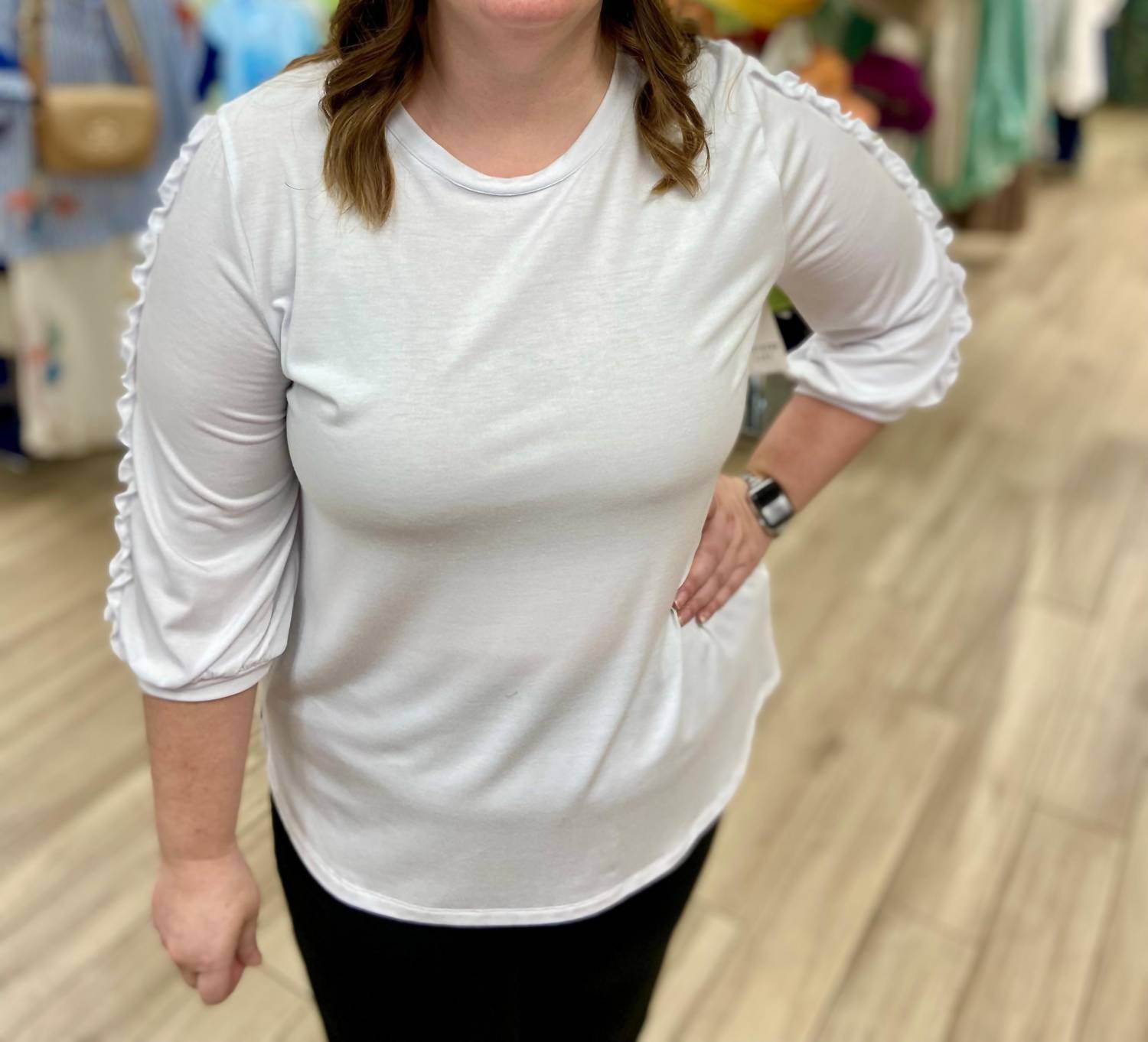 Southern Lady - Ruffle Arm Round Neck Top - Rack Hunt