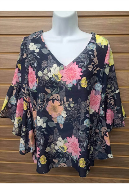 Moci - Women's Floral Bell Sleeve Back Tie Top - Rack Hunt