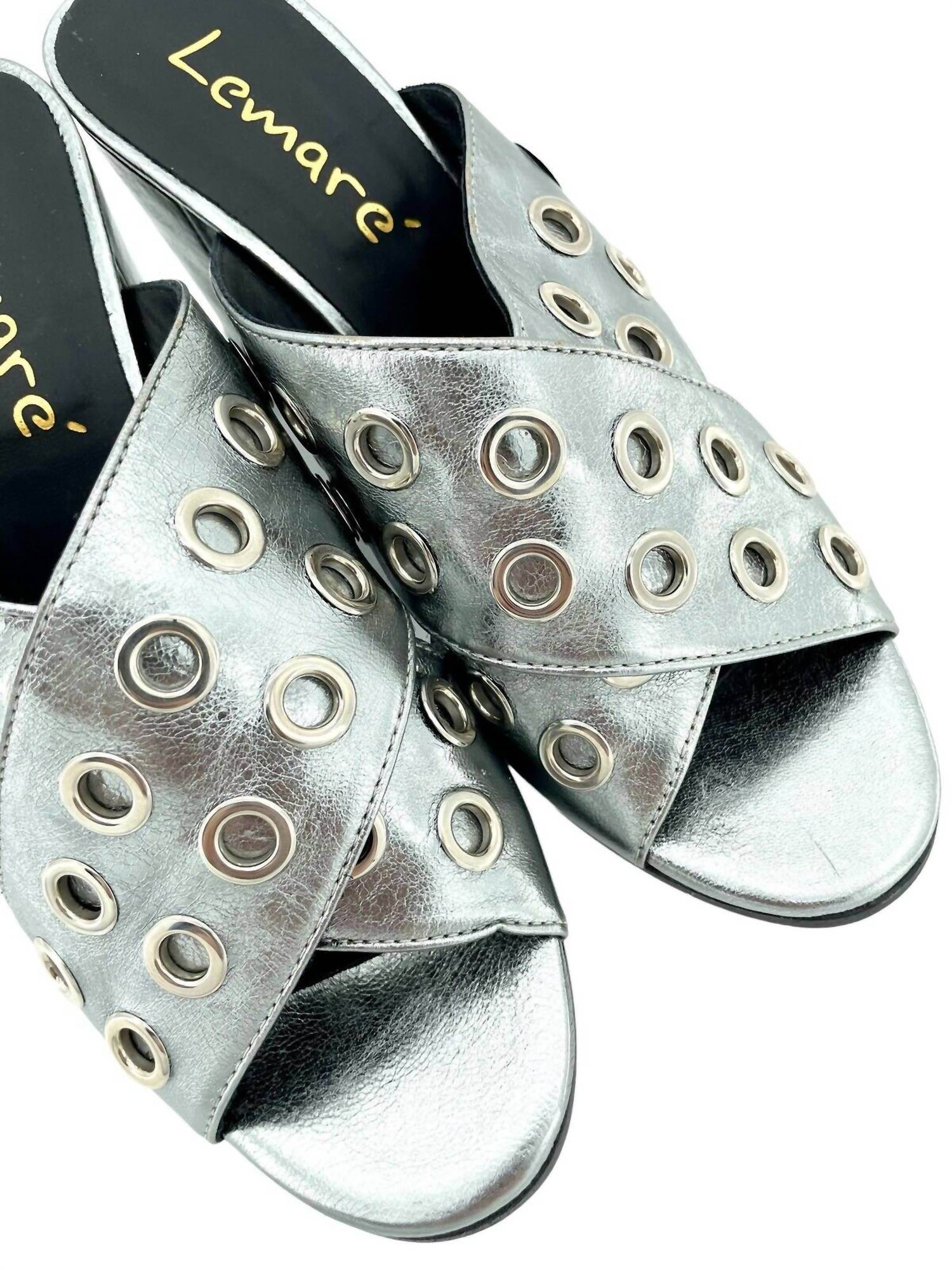 LEMARÉ - Women's Metallic Cross Grommet Block Heel Sandals - Rack Hunt