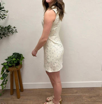 Boat Neck Sleeveless Ditsy Print Twill Mini Dress