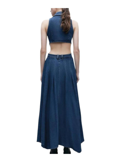 Cut Out Stretchy Sleeveless Maxi Denim Dress With Artistic Buttons
