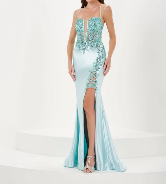 Fitted Beaded Spandex Slit Gown