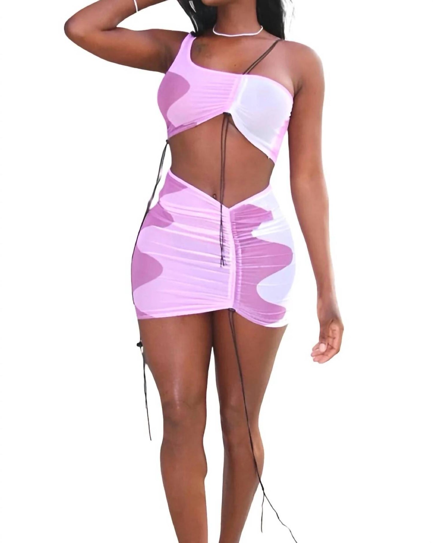 Misinformed - Matching Two Piece Ruched Mesh Mini Skirt Set