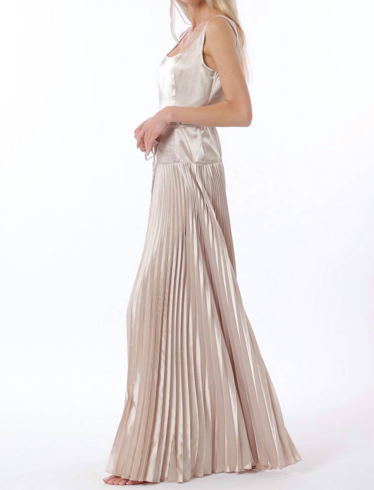 Sleeveless Tie Front Waisted Pleat Maxi Dress