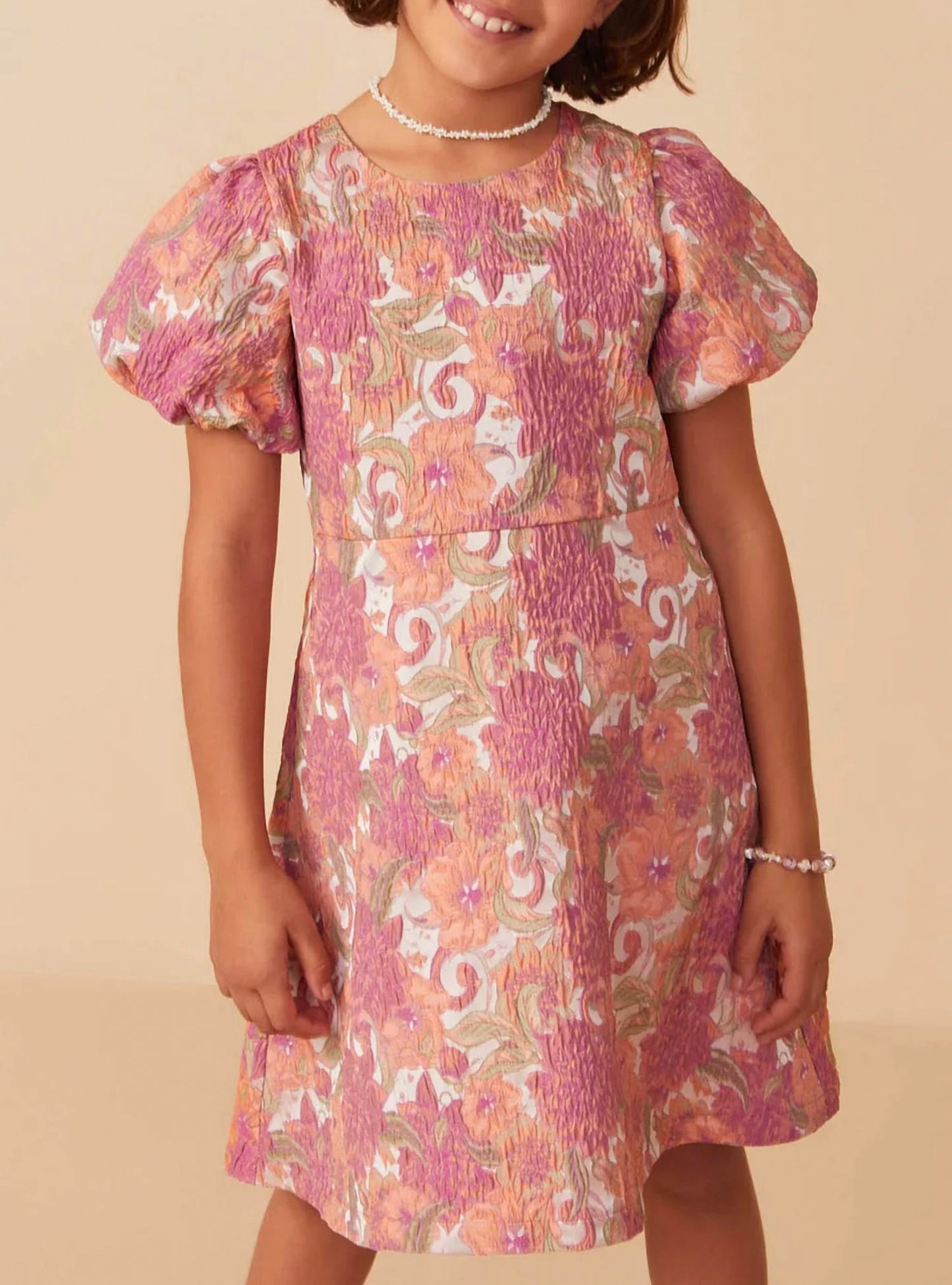 Floral Print Puff Sleeve Jacquard Dress