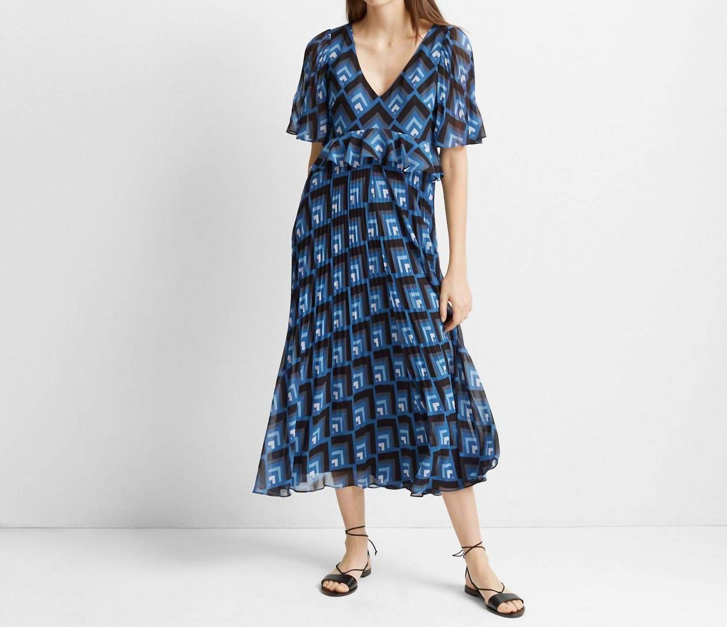Club Monaco - Gostanzah Pleated Diamond Print Ruffle Midi Dress - Rack Hunt