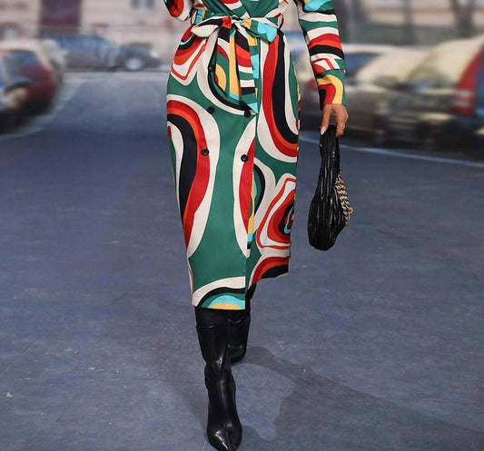 Allover Print Double Breasted Belted Trench Coat