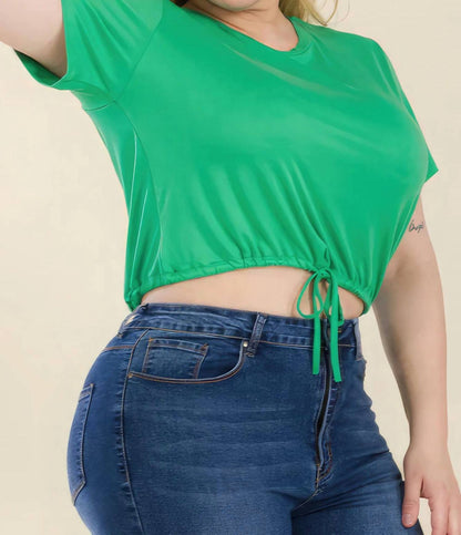 Tie Front Drawstring Short Sleeve Crop Top - Plus