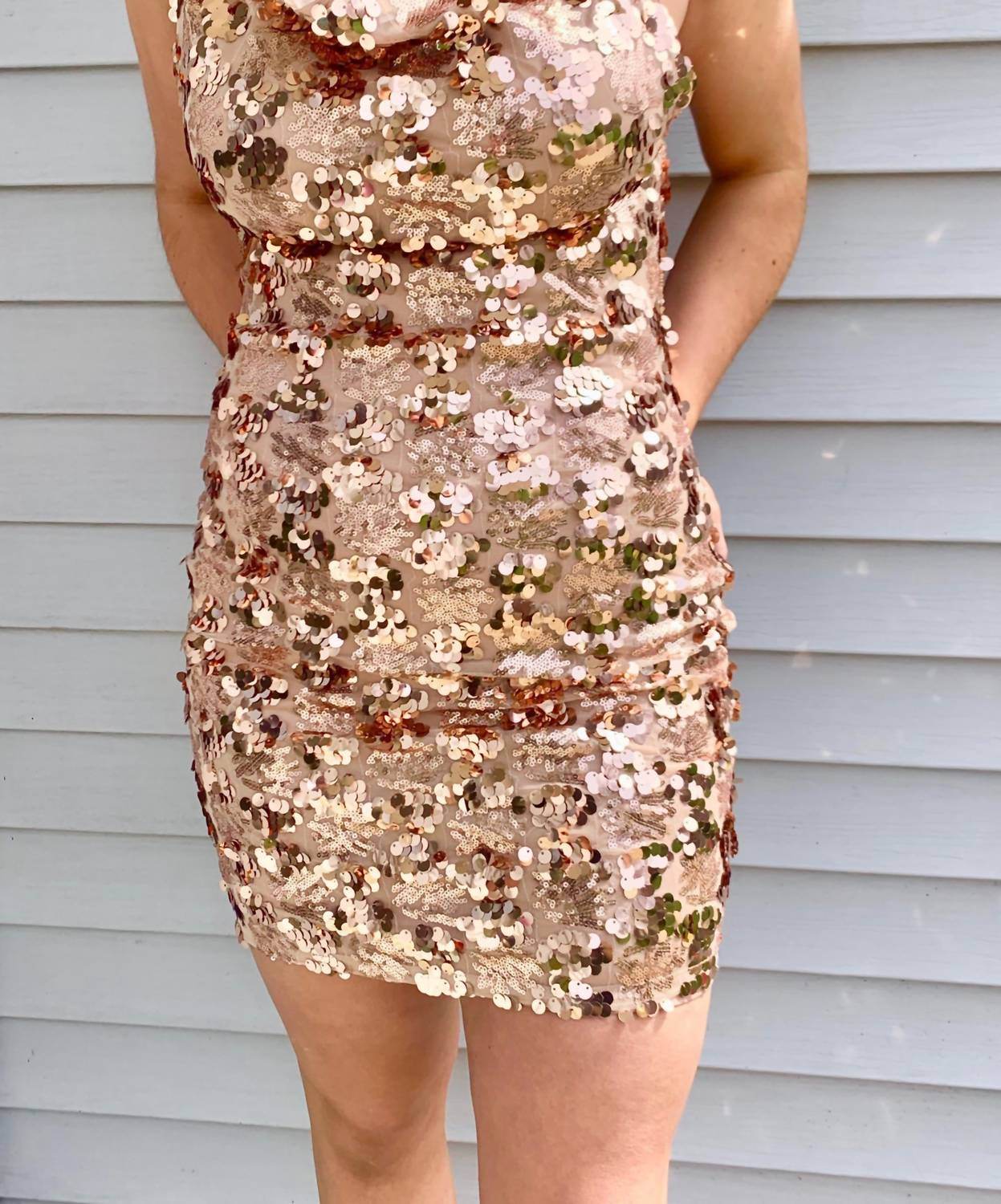 Alythea - Rose Gold Sequin Cowl Neck Mini Dress - Rack Hunt -