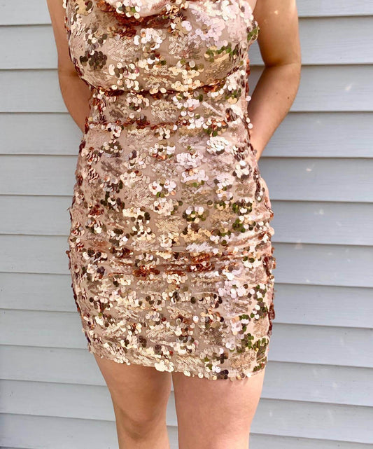 Alythea - Rose Gold Sequin Cowl Neck Mini Dress - Rack Hunt -