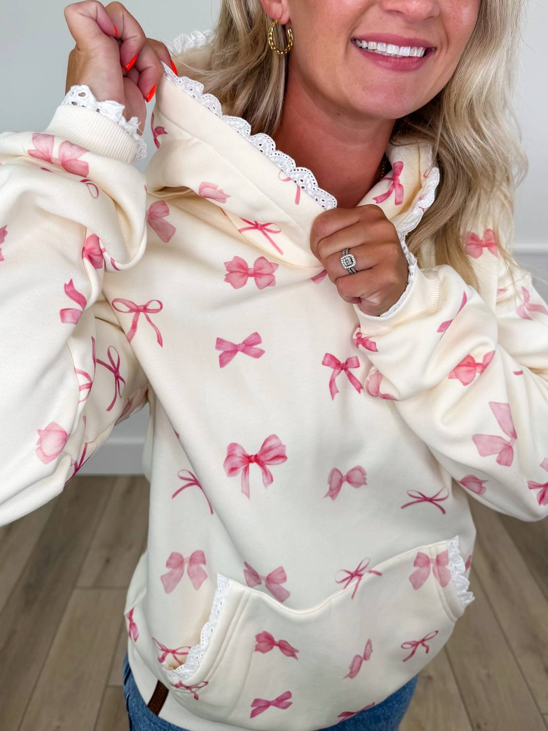 Tied With Love Cotton Blend Long Sleeve Hoodie Sweatshirt