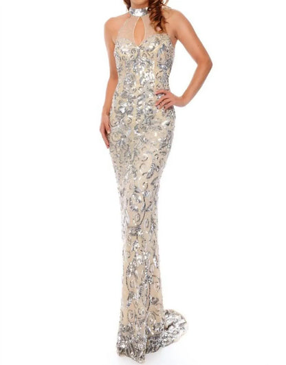 Precious Formals - Halter Neck Illusion Sequin Evening Gown - Rack Hunt