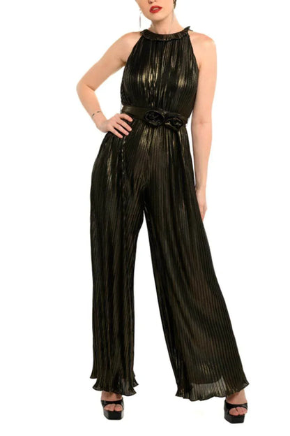 Cenia - Metallic Pleated Wide Leg Jumpsuit - Rack Hunt