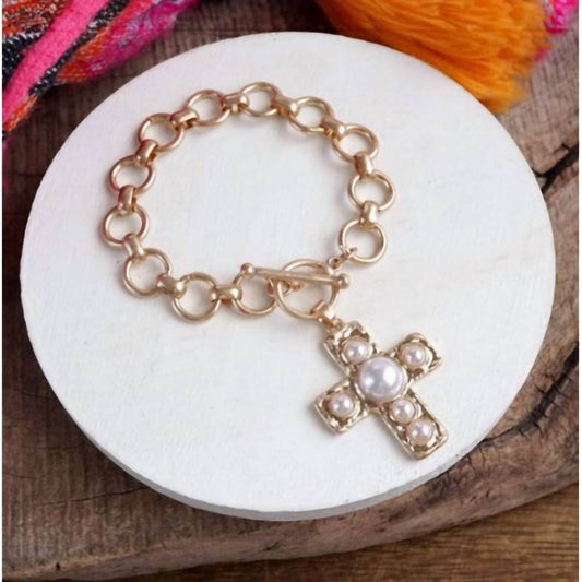 PennyLine Inc - Women's Worn Primitive Cross Pearl Bracelet - Rack Hunt -